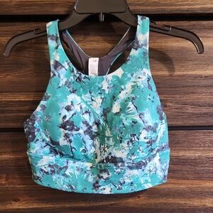 Teal Marble Print High Neck Sports Bra